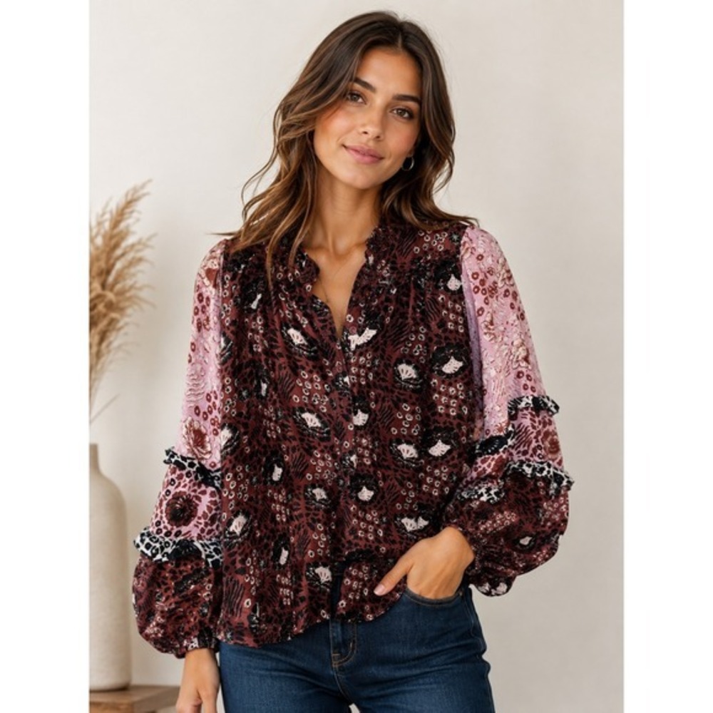 Apiece Apart Silk Floral Animal Print Puff Sleeve Button-Down Top Size 6